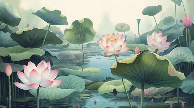 夏季池塘里盛开的水莲,插画/手绘图,插画/手绘图库,插画/手绘图下载,插画/手绘